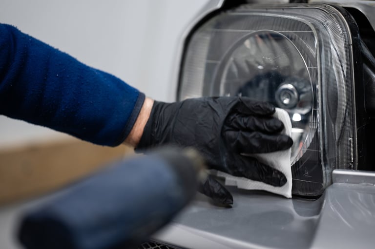 Hand wearing black glove wiping and polishing car headlight. Automotive maintenance and restoration service