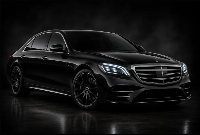 Black Mercedes-Benz S-Class luxury sedan photographed against a dark background with reflective surface