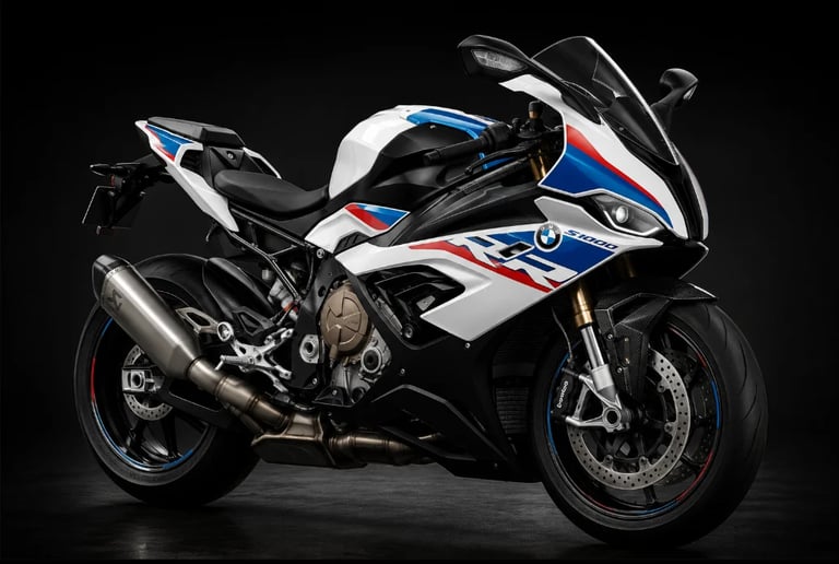 White, black, and blue sports motorcycle photographed against a dark background, showing side profile with streamlined fairing and dual exhaust pipes.