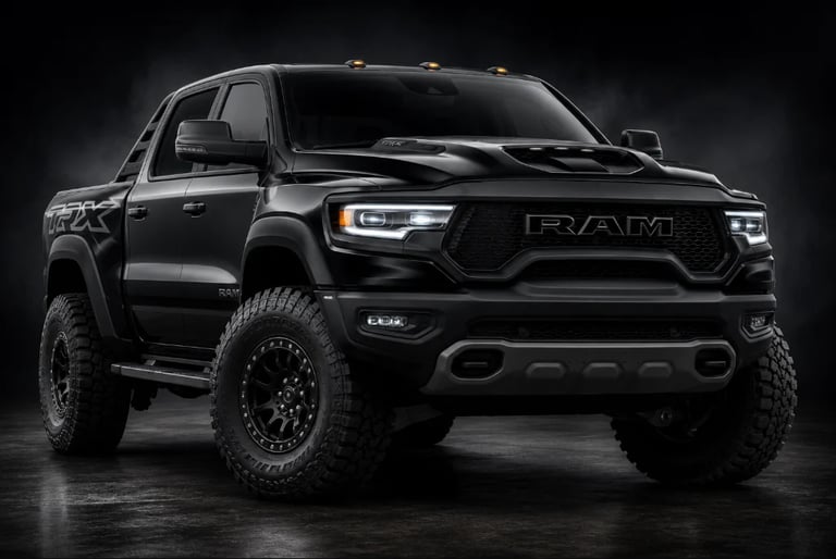 Black Ram pickup truck parked on dark background, featuring front LED headlights, grille logo, and all-terrain tires