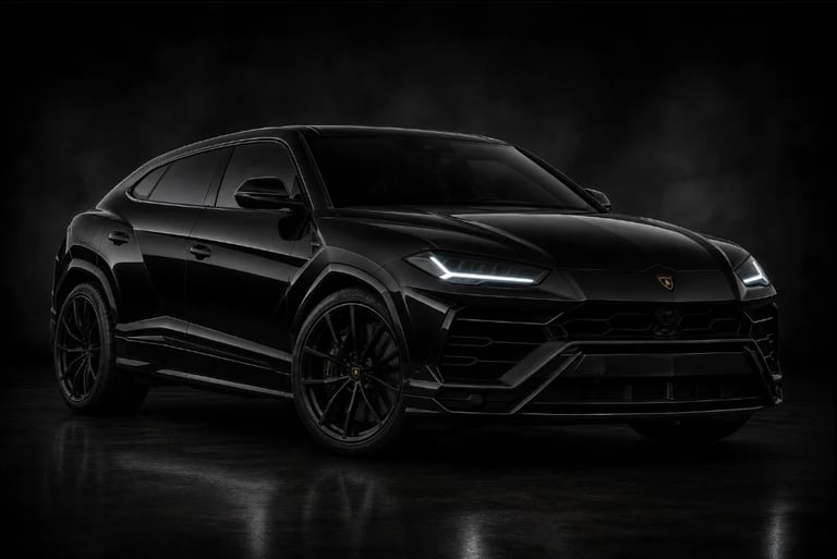 Black luxury SUV with angular design and LED headlights displayed against dark background
