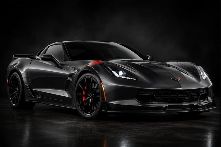 Black Corvette sports car with red brake calipers photographed against dark background