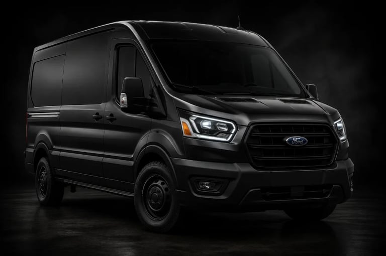 Black Ford Transit van photographed against dark background, showcasing front three-quarter view with LED headlights